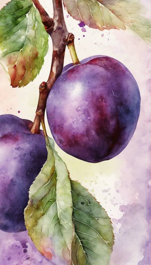 Lukisan cat air realistis dari buah plum matang dengan berbagai corak ungu