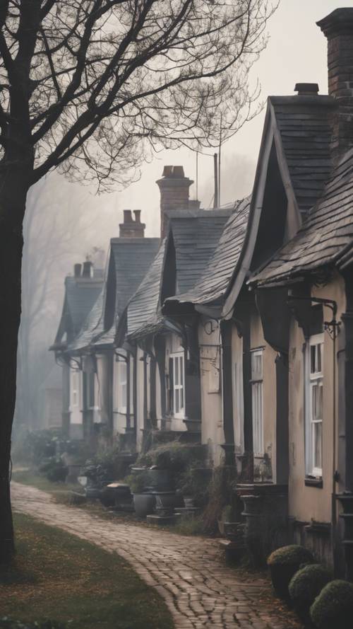 A foggy morning scene with grey smoke belching from the chimneys of cottage houses.