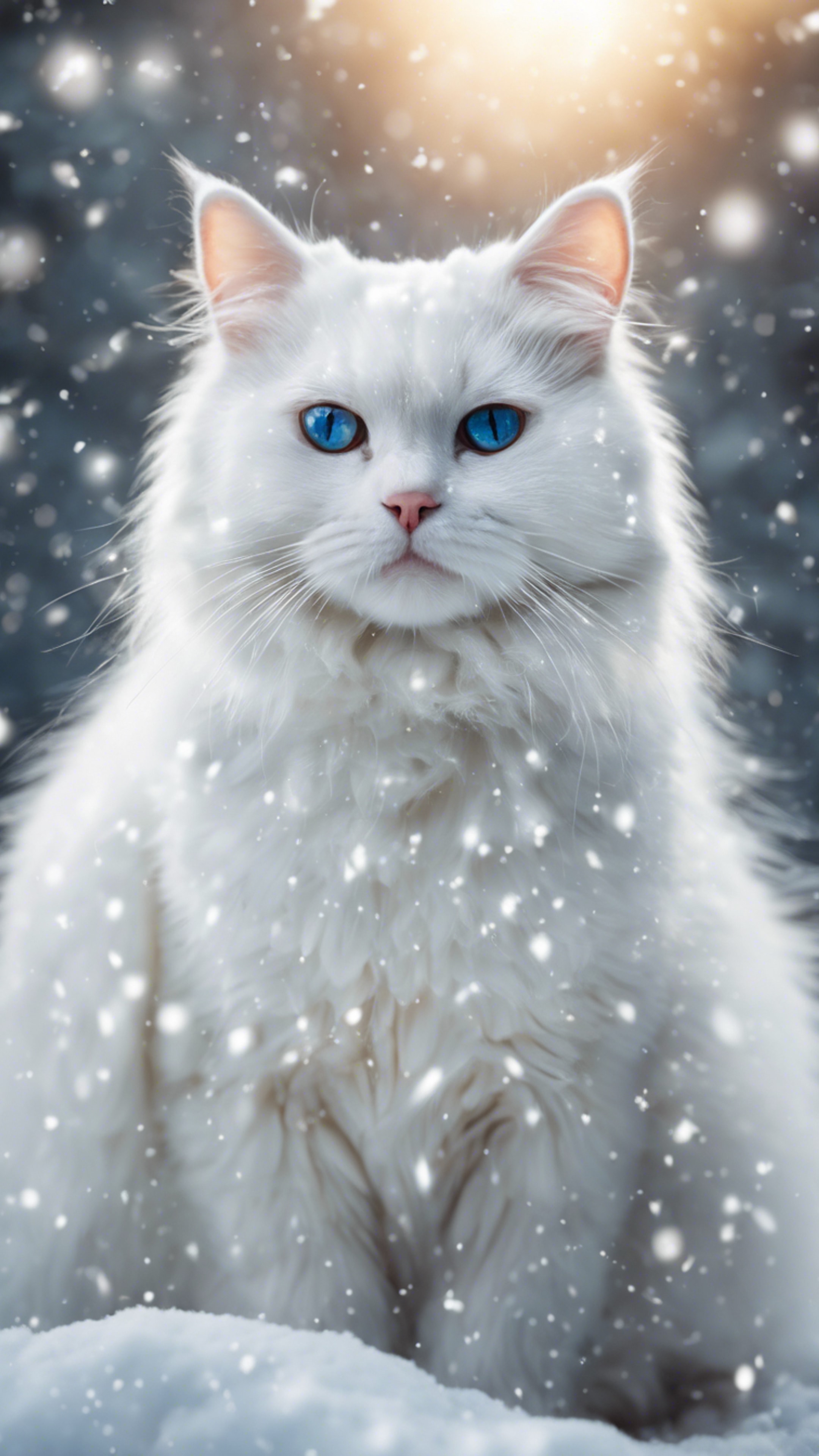 A fluffy white cat in the winter, amidst falling snowflakes. Wallpaper[a246cb8c0cd2485b96c3]