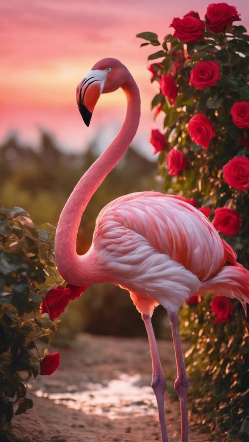 A vibrant pink flamingo standing by a red rose bush at sunset.