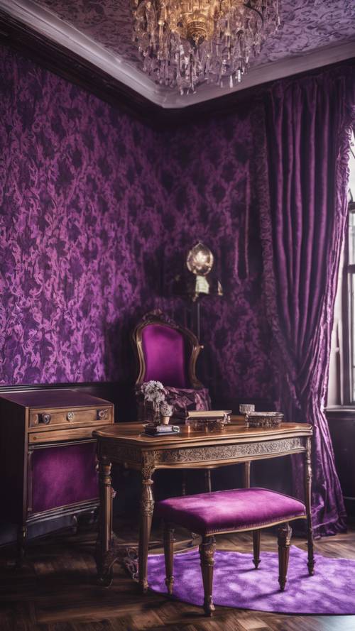 Wnętrze pokoju w stylu wiktoriańskiego gotyku z fioletową tapetą z adamaszku.