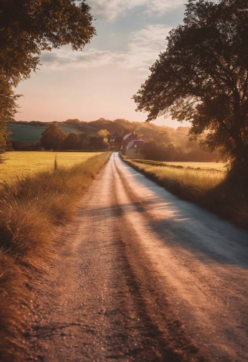 A preppy gradient styled road leading up to a country house during sunset.