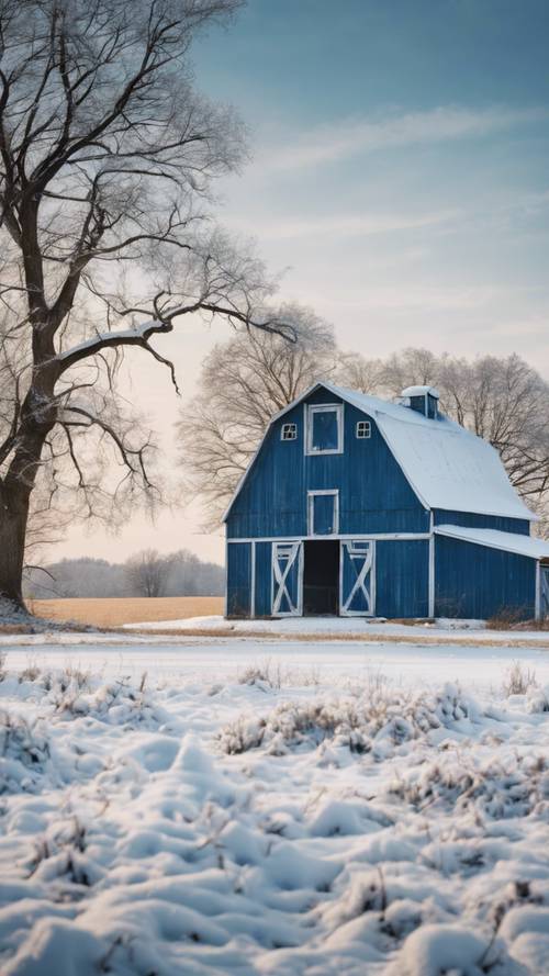 Wiejska scena przedstawiająca niebieską stodołę na pokrytym śniegiem polu uprawnym.