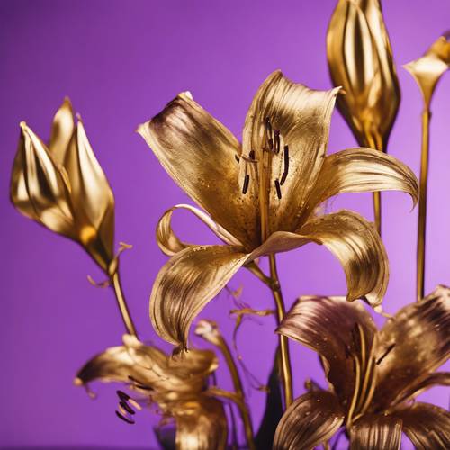 Desain bunga modern abstrak, menampilkan bunga lili emas metalik dengan latar belakang ungu.