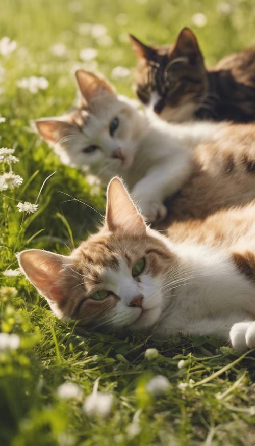 Farklı kedi ırklarının çimenlerde tembel tembel uzandığı geniş bir bahar çayırının panoramik görüntüsü.