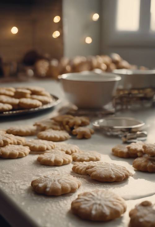 Uma visão nostálgica de uma cozinha movimentada dos anos 1950 com biscoitos de Natal recém-assados esfriando no balcão.