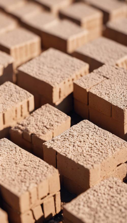 Rows of tan bricks, neatly stacked on a sunny day.