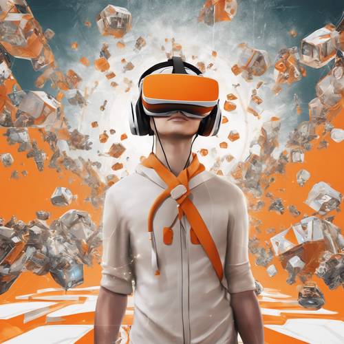 Uma pessoa usando um headset de realidade virtual com tema laranja e branco imerso em um mundo de jogos 3D.