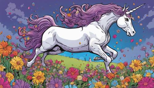 Un unicornio de dibujos animados de color púrpura haciendo cabriolas en un campo de flores de colores brillantes.