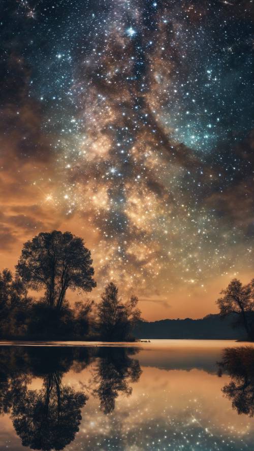 A vibrant starry night over a tranquil lake reflecting celestial bodies.