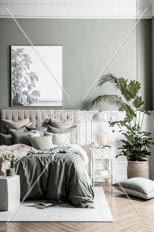 Rilassante camera da letto verde con bellissime decorazioni vegetali