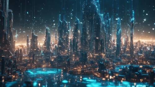 A vast city with advanced underwater structures with a glowing, blue bioluminescence.