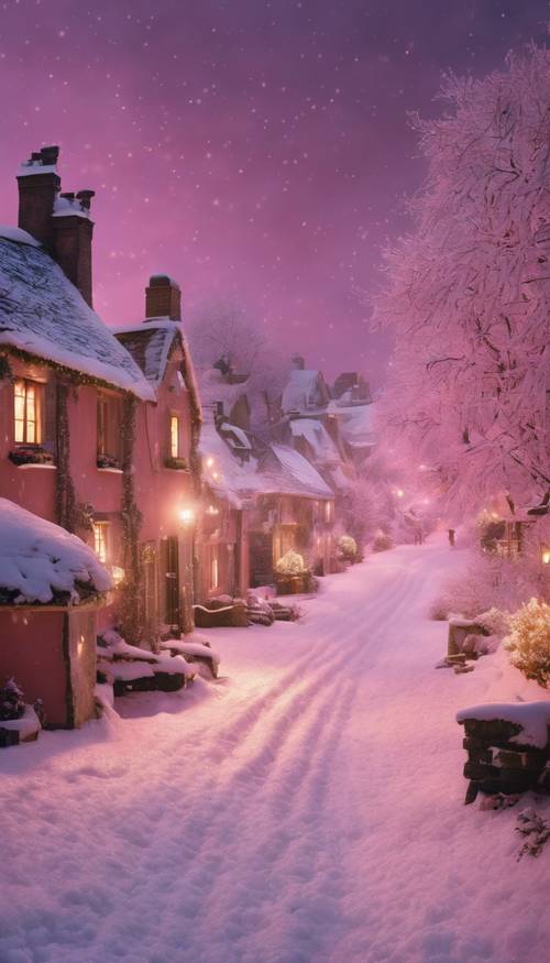 A magical pink snowfall descending upon a sleepy hamlet on Christmas night. کاغذ دیواری [ec2f748fdc3246149ec0]