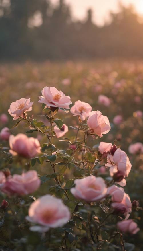 Поле, наполненное дикими розами, под мягким светом рассвета.