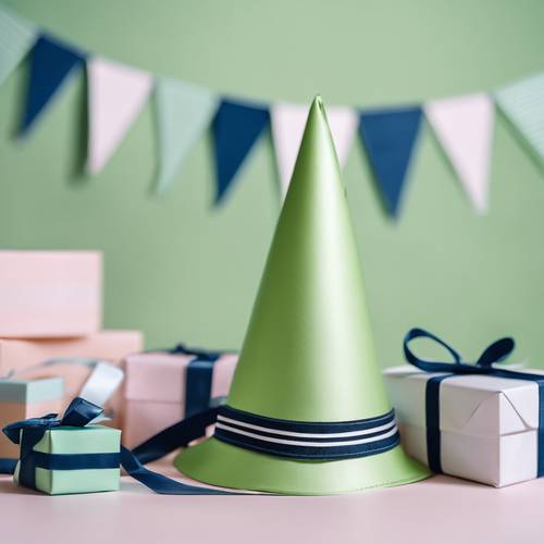 Gros plan d&#39;un chapeau d&#39;anniversaire preppy vert pastel à rayures bleu marine, à côté d&#39;une pile de cadeaux d&#39;anniversaire.