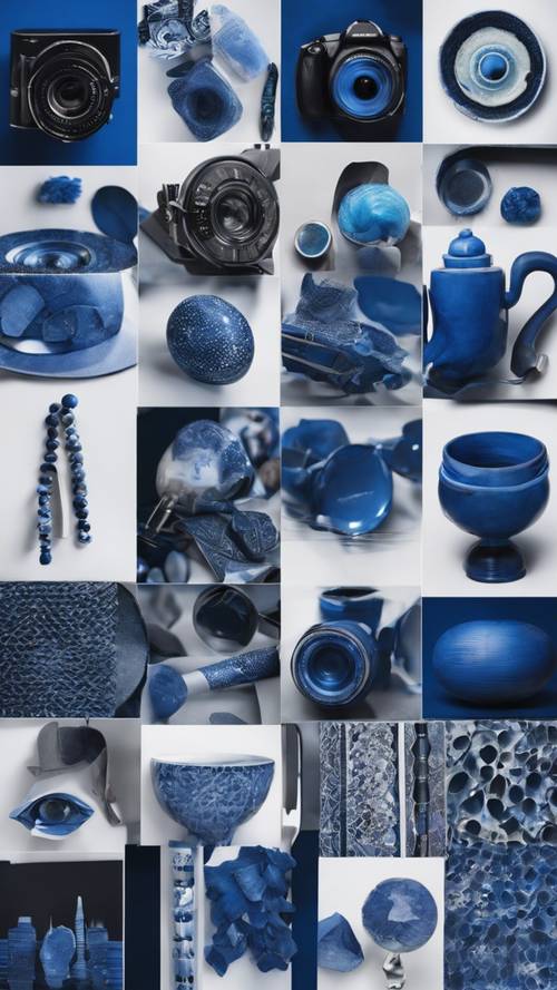 A collection of various deep blue patterned objects arranged in a modern collage art. Tapeta [db3dd8b29ee14774932c]