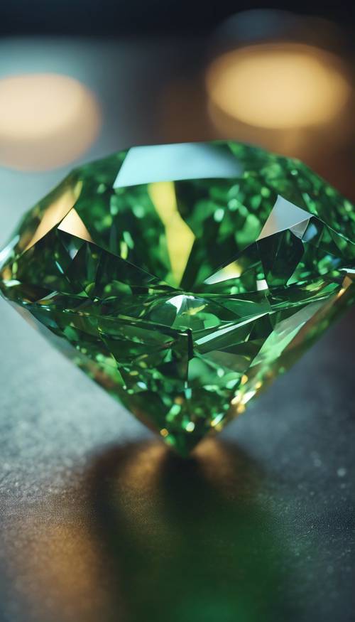Tampilan close-up berlian hijau raksasa di ruangan remang-remang.