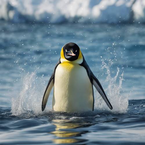 Şaşırtıcı bir hızla yüzen imparator penguenini gösteren derin deniz manzarası.
