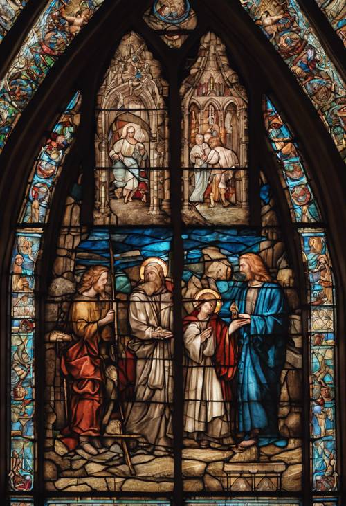 A breathtaking Christian stained glass window depicting the life of Jesus in a Gothic cathedral