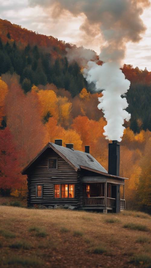Một cabin mộc mạc ấm cúng được bao quanh bởi những tán lá mùa thu, làn khói nhẹ nhàng bốc lên từ ống khói.
