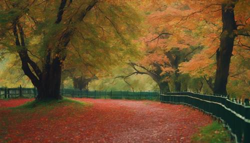 붉은색과 금색 단풍 사이에 녹색 대비가 돋보이는 가을의 생동감 넘치는 녹색 풍경입니다.
