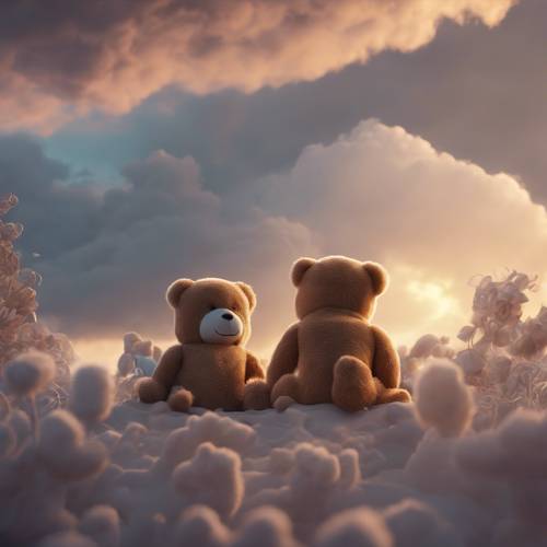 A jovial evening scene where the clouds look like a family of teddy bears.