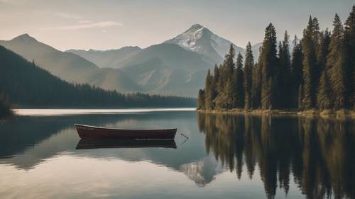 A lone boat on a tranquil lake amidst a serene forest with mountain backdrop carrying the motivational message 'Our only limitations are those we set up in our own minds.'. Kertas dinding [4ba4a5e577f047af955b]