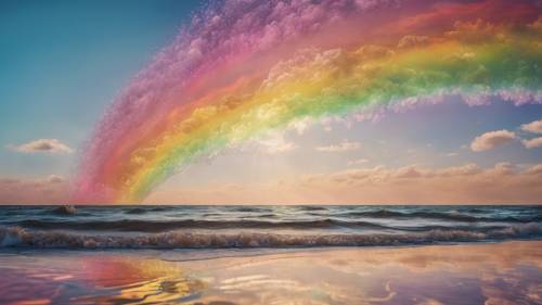 一幅超现实主义的画作，彩虹色的天空倒映在镜子般的海面上。
