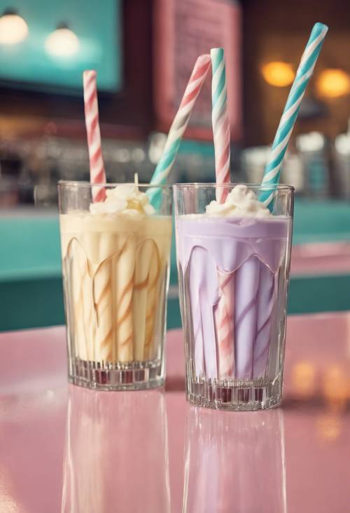 1950s pastel-colored milkshake glasses with striped straws, on the counter of a retro diner.