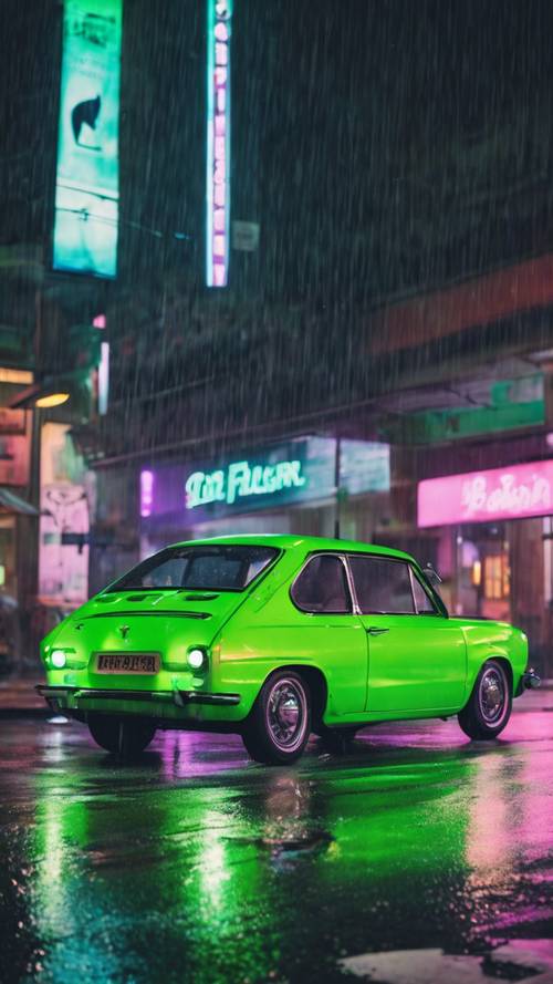 מכונית ירוקה ניאון נוסעת בגשם ברחובות עירוניים חלקלקים