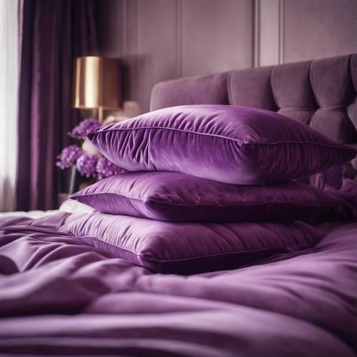 Stos fioletowych aksamitnych poduszek na wygodnym łóżku.