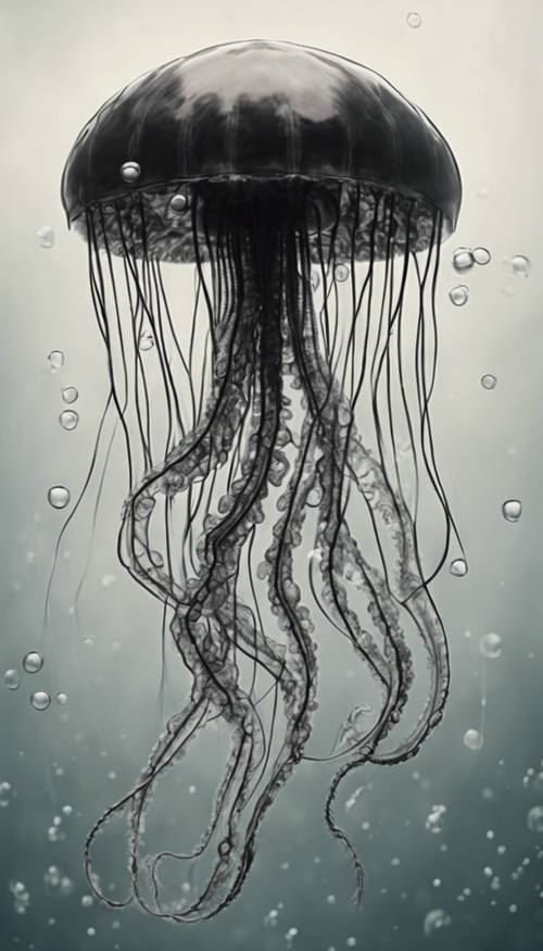A detailed sketch of a black medusa jellyfish floating in the ocean