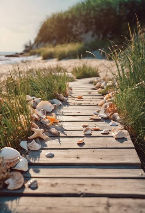 A meandering wooden boardwalk leading to a cozy summer beach, with an assorted mix of seashells strewn along the path.