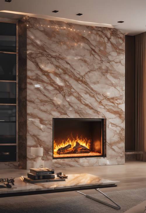 Ein moderner Kamin aus braunem Marmor, dessen flackernde Flammen ein gemütliches Licht verbreiten.