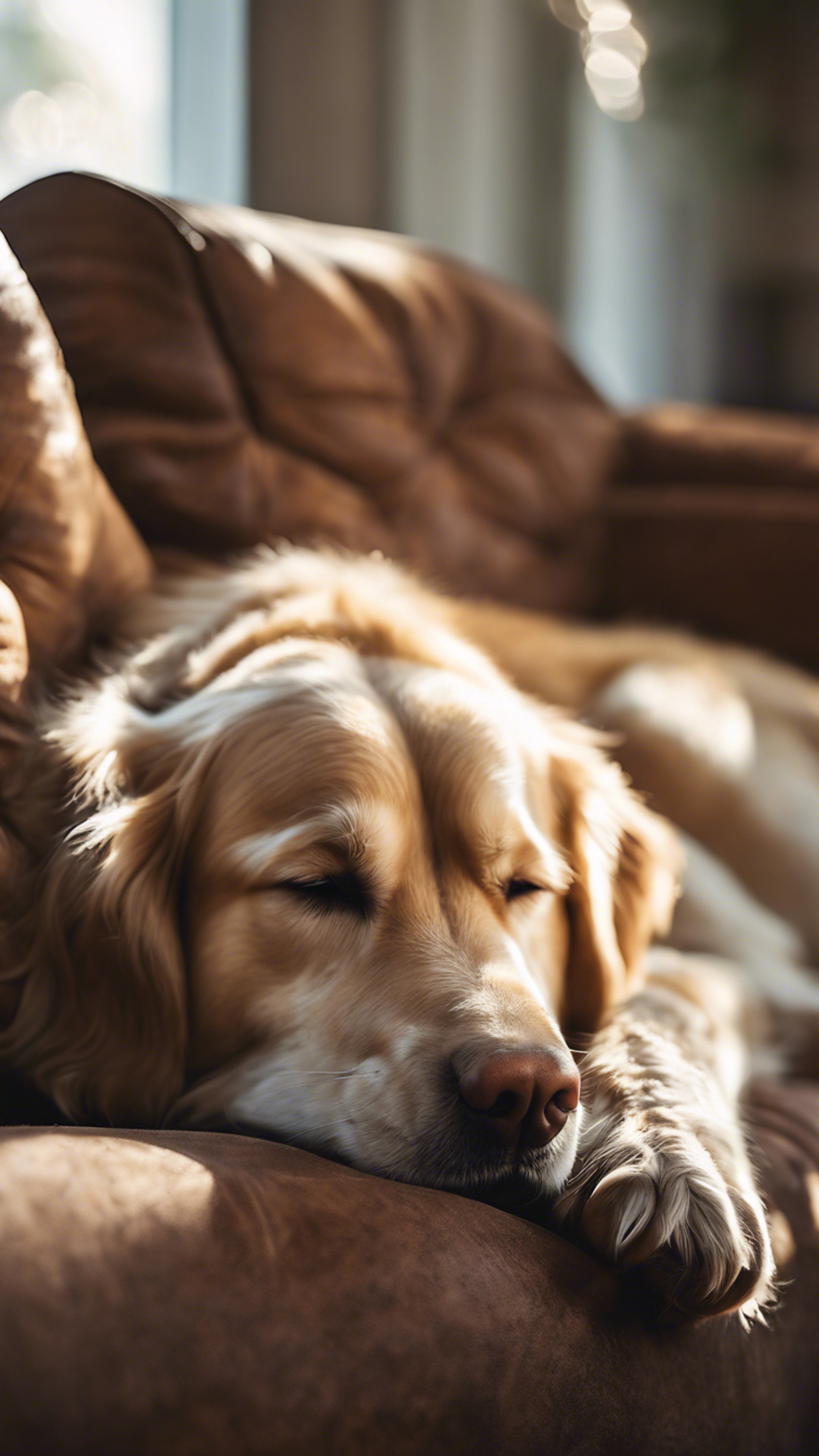 A sleeping Golden Retriever nestled on a cozy brown sofa with the morning sun pouring in.壁紙[a73b45c4c215415aa65f]