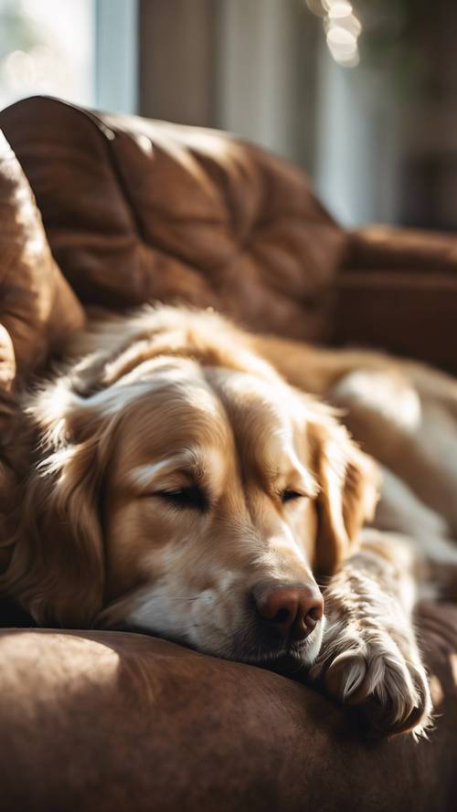 A sleeping Golden Retriever nestled on a cozy brown sofa with the morning sun pouring in.