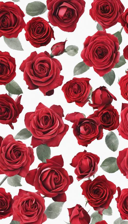 Una formazione romantica e preppy a forma di cuore di rose inglesi rosse su una superficie bianca pulita.