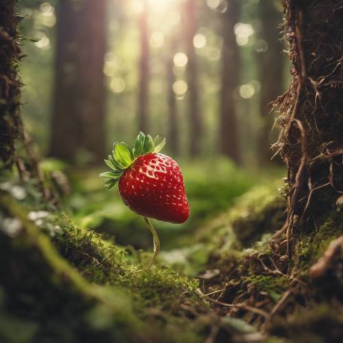 Eine verkörperte Erdbeere in einem uralten Märchenwald.
