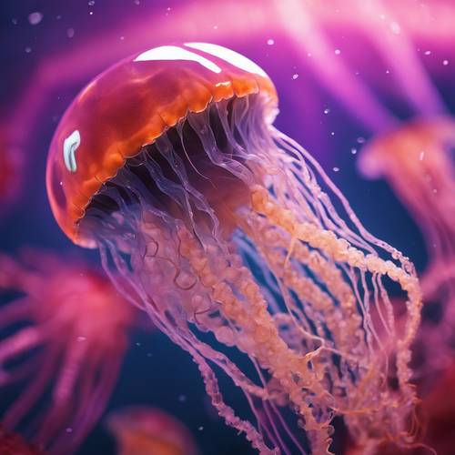 An extremely detailed macro shot of a jellyfish, emphasizing its complex structure and stunning vivid colors.