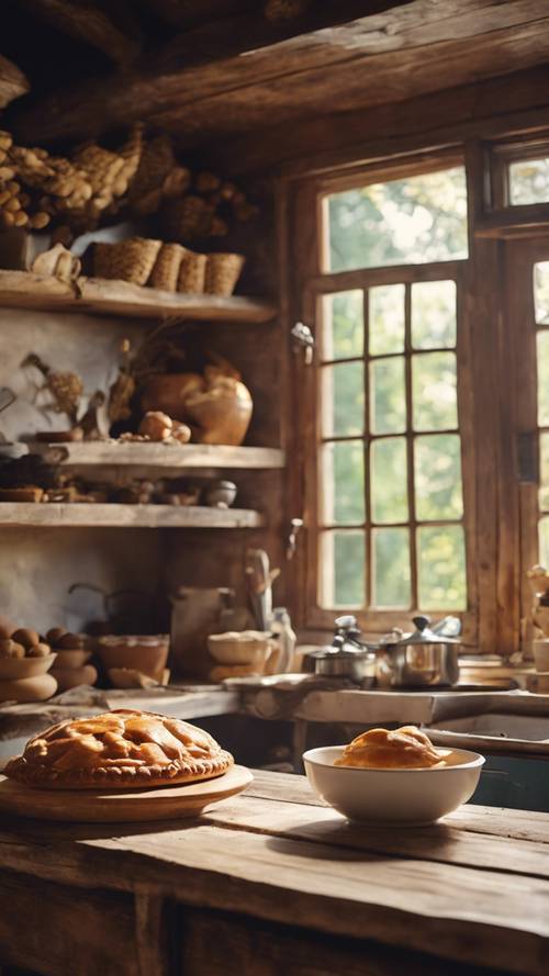 Die Innenraumszene einer charmanten, rustikalen Küche, das Herz eines abgeschiedenen Waldhäuschens, erfüllt mit dem Duft von frisch gebackenem Apfelkuchen.