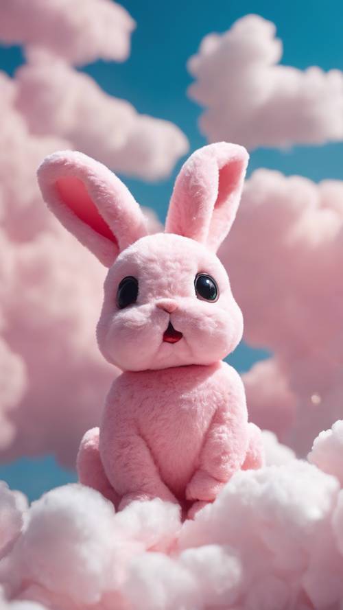 Berrak mavi gökyüzünde kabarık beyaz bulutların üzerinden atlayan bir kawaii pembe tavşanı.