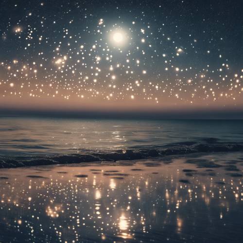 A dreamy moonlit scene on a tranquil beach with sparkling stars reflected in the water.