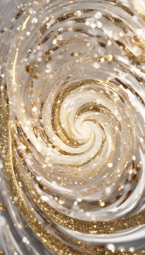 Um redemoinho artístico de glitter branco e dourado criando um padrão de redemoinho.