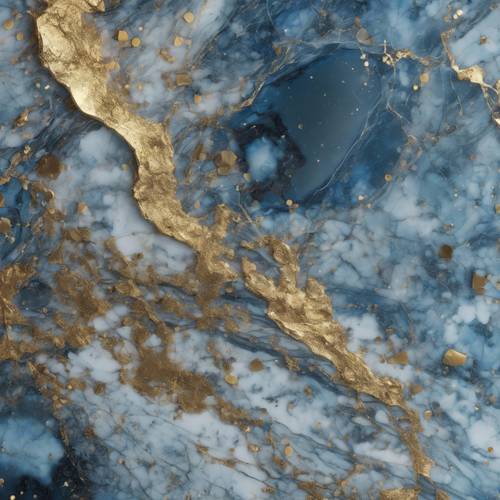 A sweeping view across a slab of blue marble flecked with gold inclusions.