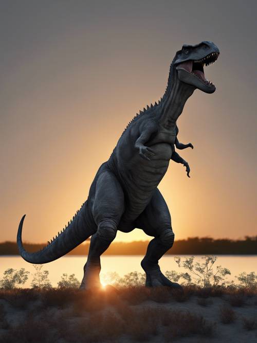 Un dinosaurio gris triunfante, recortado contra un sol poniente, que acaba de atrapar a su presa.