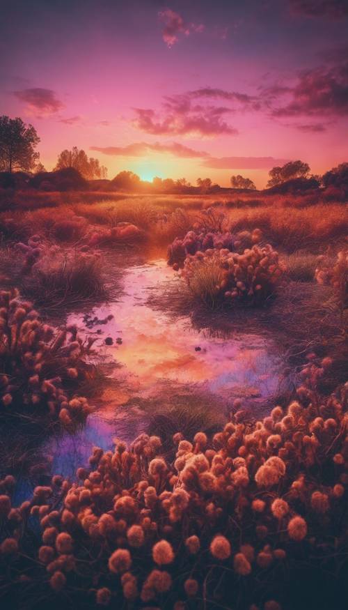 A surreal landscape at sunset with psychedelic colors in the sky. Валлпапер [bd0abdb1124a474fa080]