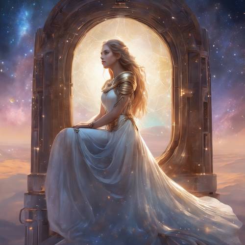 Una ragazza celestiale vestita di luce stellare, che veglia sul cosmo dal suo osservatorio spaziale.