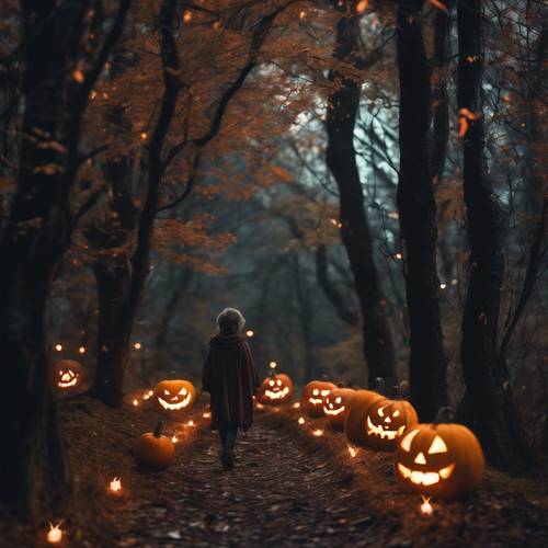 A dark forest path, luminous fairy creatures leading the way with Jack O' Lanterns.