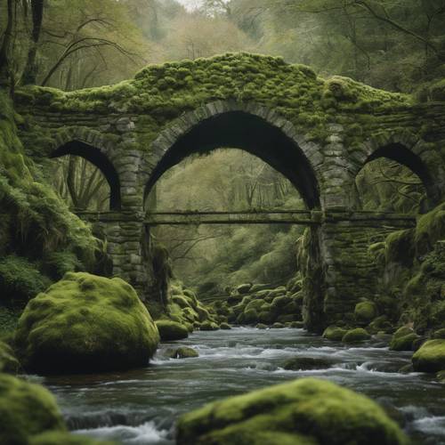 Eine alte kolossale gotische Bogenbrücke aus moosgrünem Stein überquert einen gewundenen Fluss