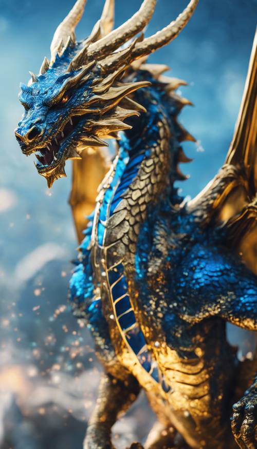 Un dragon métallique bleu et or scintillant crachant du feu dans un monde fantastique